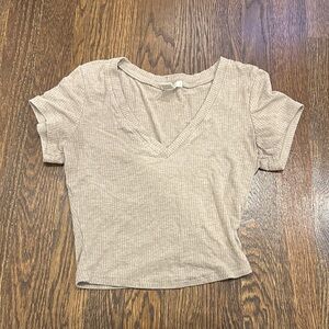 Bozzolo Ribbed V-Neck Beige Crop Top